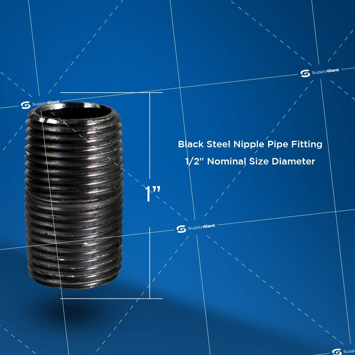 Supply Giant 1/2 Inch Black Half Inch Malleable Steel Pipes Nipples Fitting Closed Build DIY Vintage Furniture, 1/2" x 1", Pack Of 10 - - 