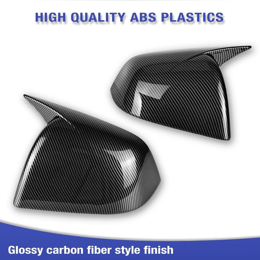 Side Mirror Cover Compatible with Tesla Model Y 2020-2023 - Scratch Proof Mirror Cap, Glossy Carbon Fiber Style, Cow Horn Shaped ABS, 2Pcs