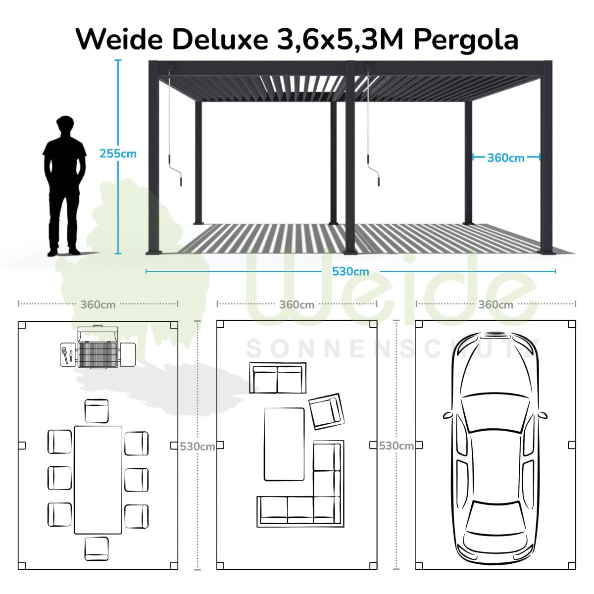 Weide Deluxe Pergola Alu-Lamellendach freistehend ohne Hitzestau 3 x 4 m Sand