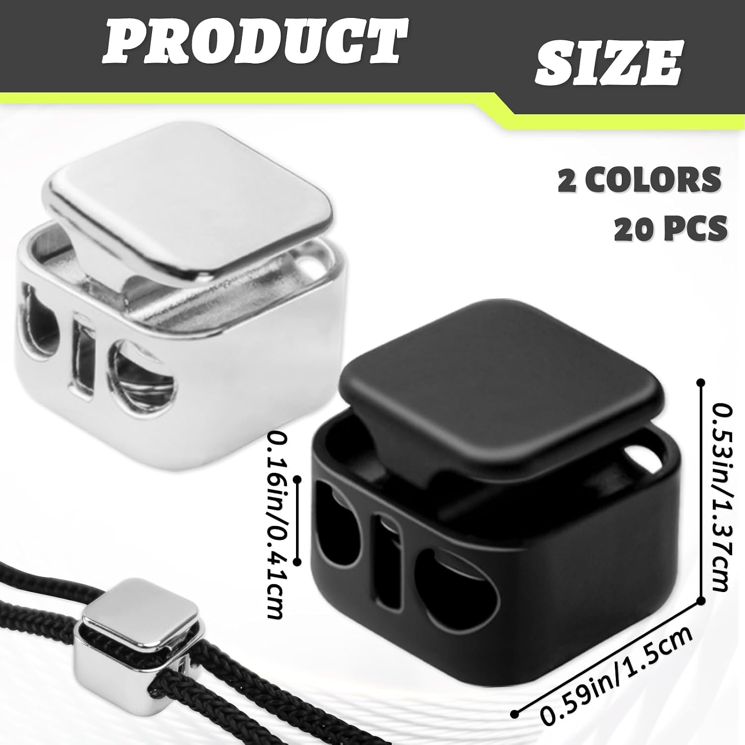 20 Pcs Heavy Duty Cord Locks, Double Hole Spring Stopper Draw Clips, Metal Press Cord Locks for Shoelaces, Paracord, Drawstrings