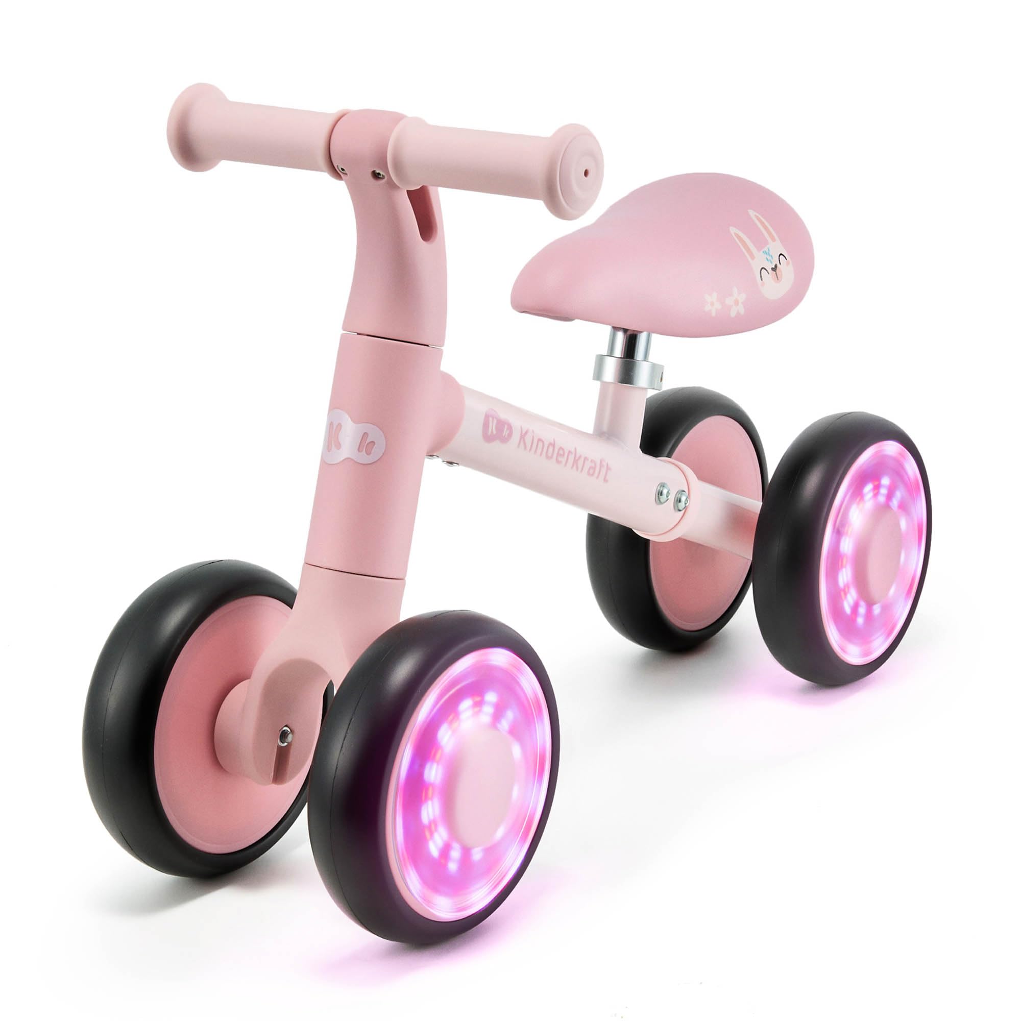 Kinderkraft CUTIE FLASH, 4-wheel balance bike, RGB light-up EVA wheels, adjustable seat 26–28 cm, lightweight 2.1 kg steel frame, ABEC-7 bearings, for children 12m+ up to 25 kg, Pink