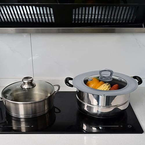 Miniatura 5 de Juego de 2 tapas universales de vidrio templado ventilado para ollas, sartenes y cacerolas con cubierta antisalpicaduras de silicona resistente al