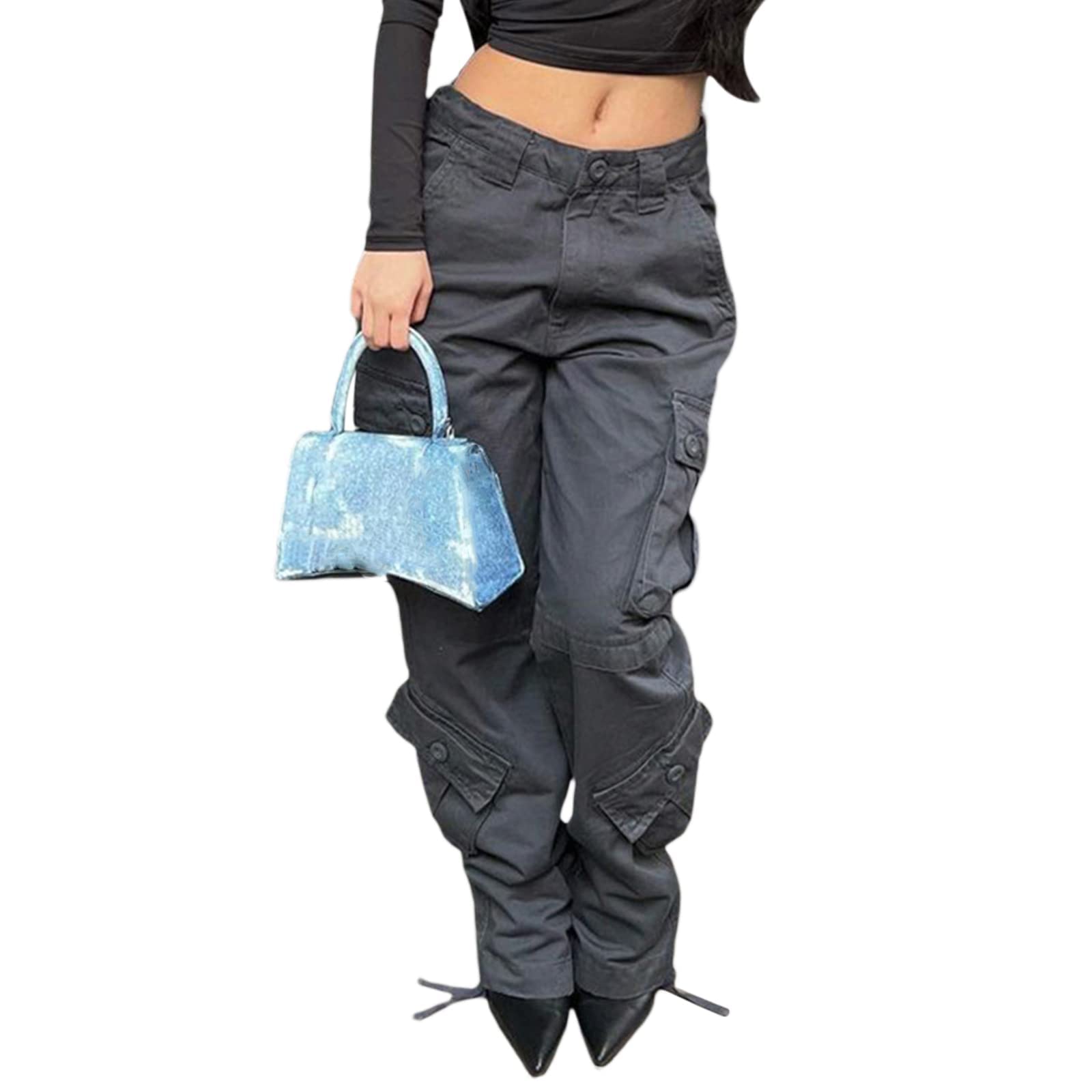 Damen High Waist Cargo Jeans Flap Pocket Wide Leg Denim Pants Relaxed Fit Baggy Jeans Loose Long Pants Y2K Fashion