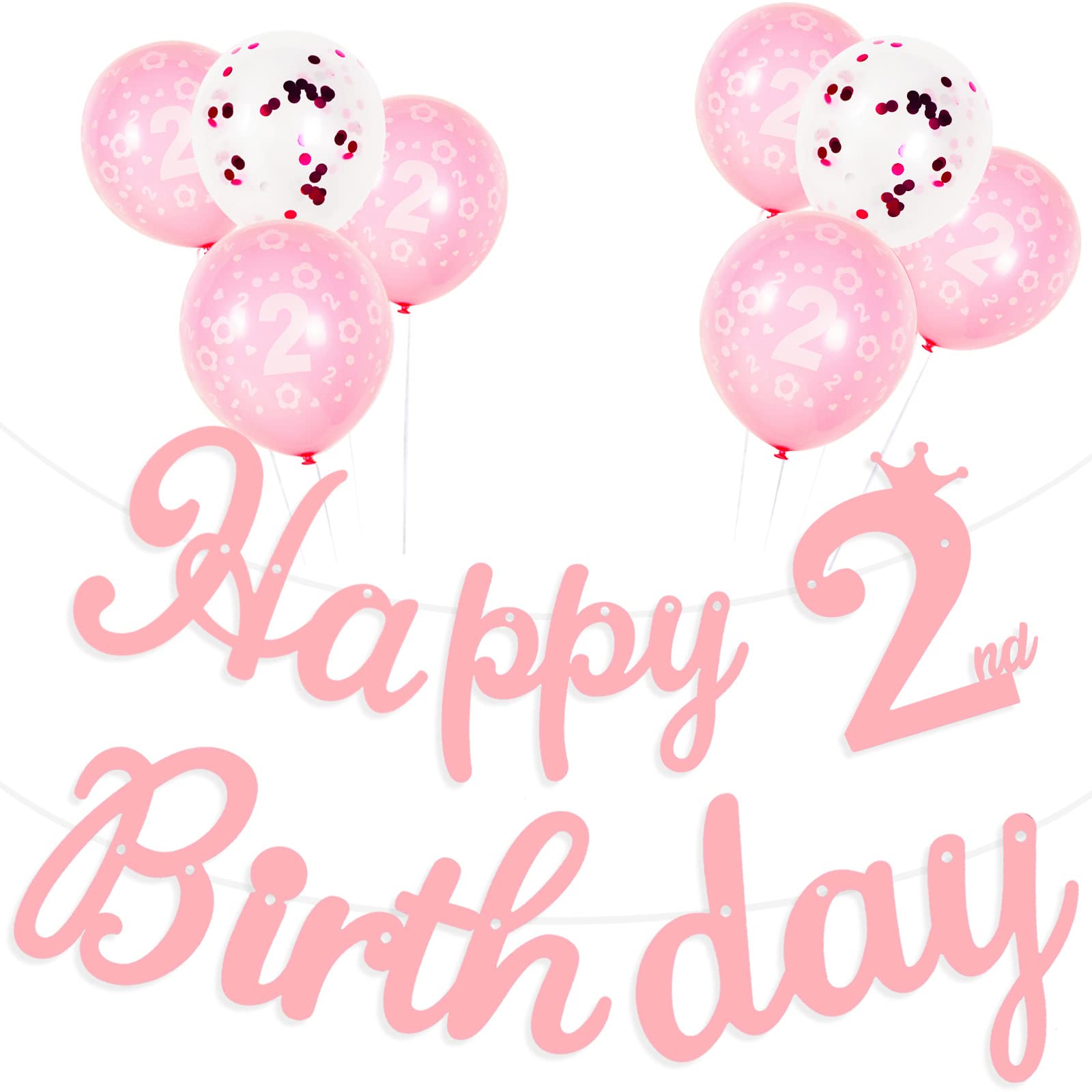 Yiran Girls 2nd Birthday Pink Decorations with 6pcs Balloons & 2pcs Confetti