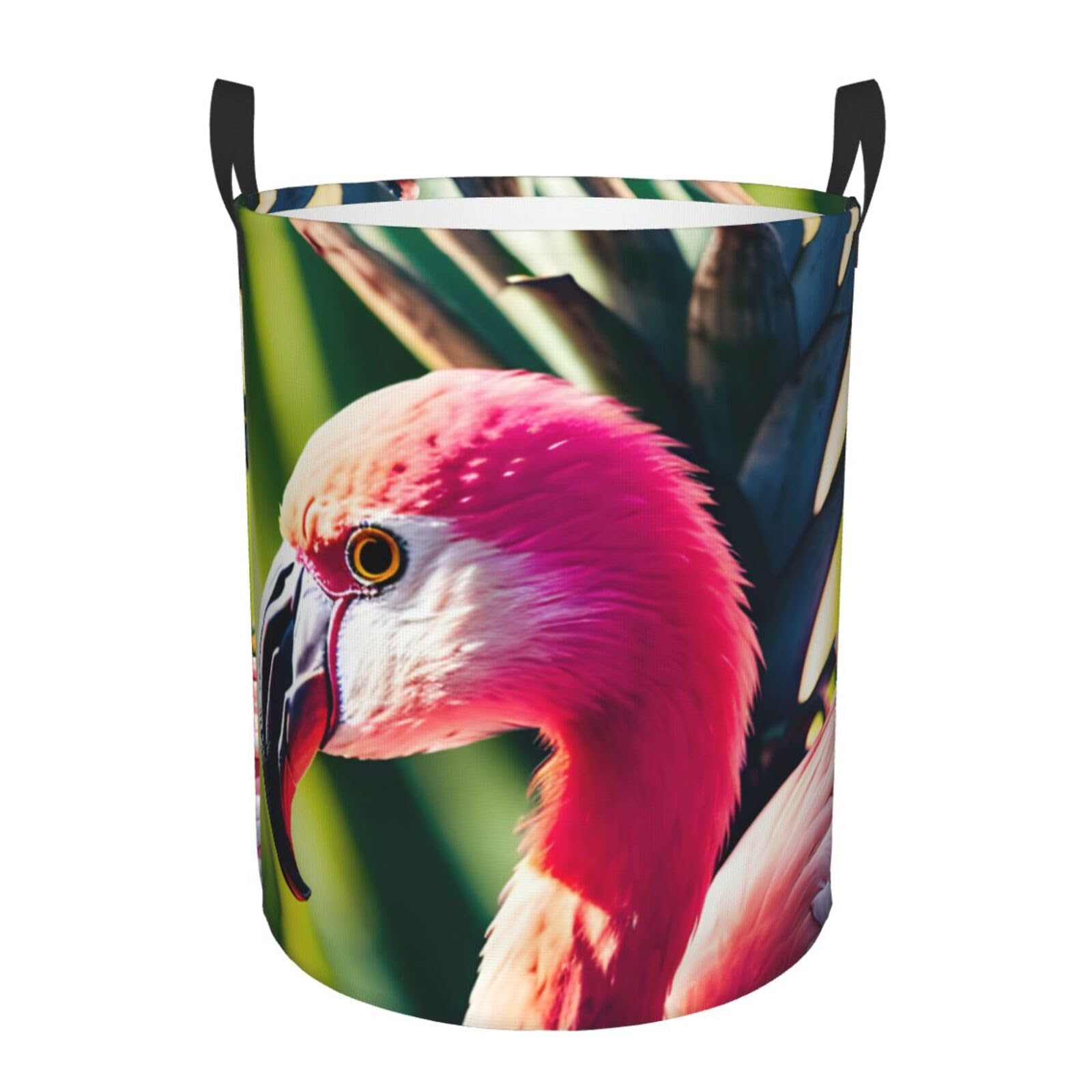 M Collapsible Round Tropical flamingos and pineapples Print Laundry Hamper