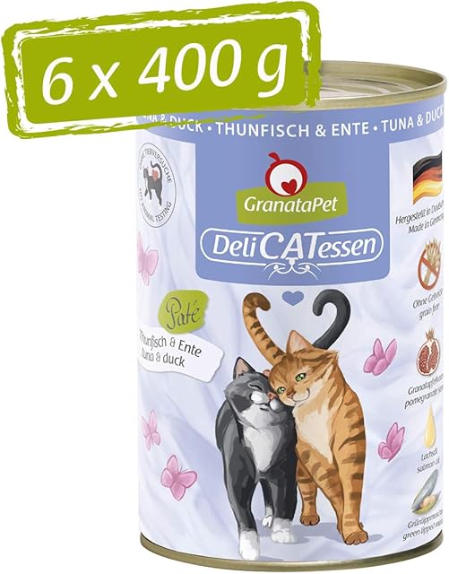 GranataPet Delicatessen tuńczyk i kaczka, mokra karma dla kotów, karma dla smakoszy, karma bez zbóż i bez dodatków cukru, 6 x 400 g