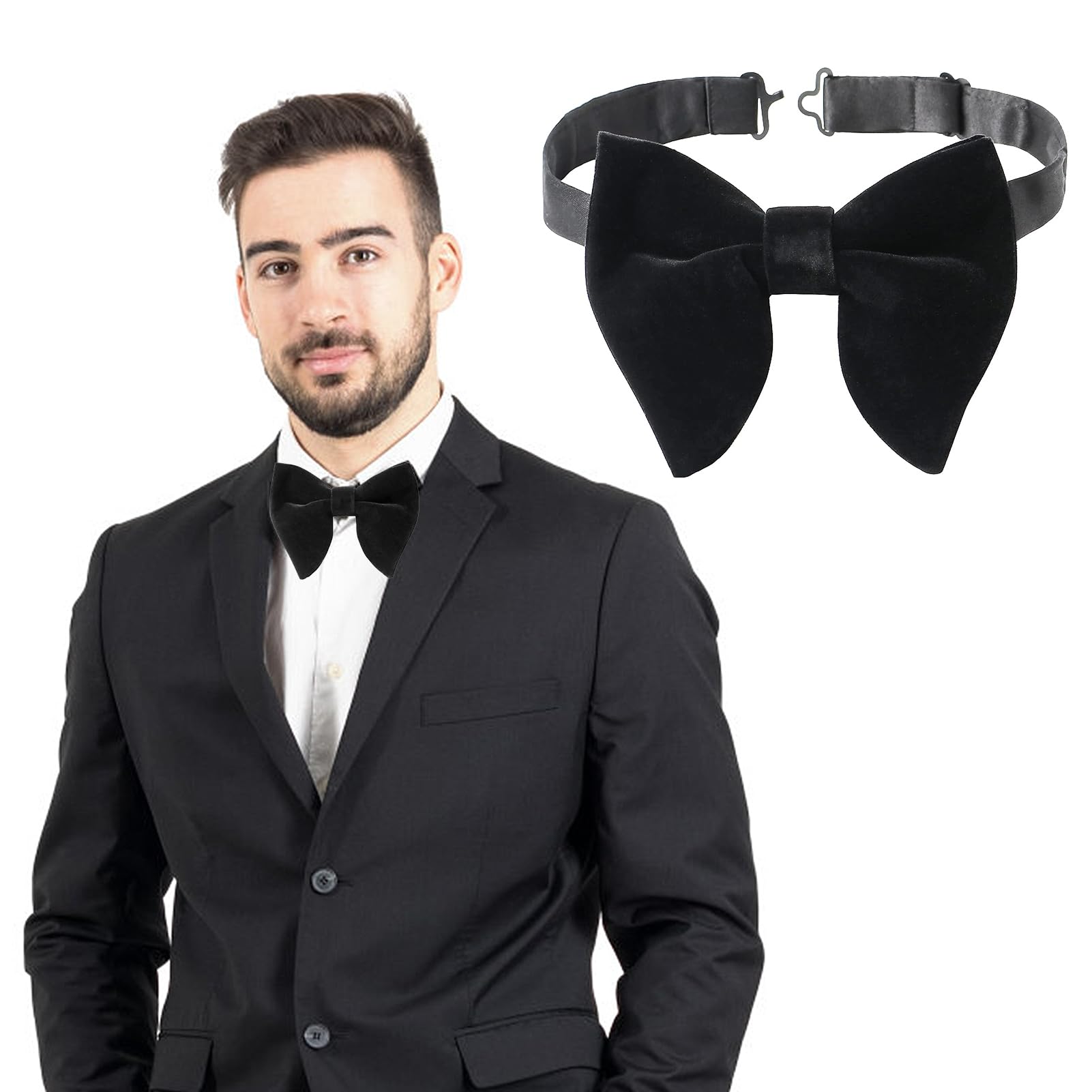 Runquit Bow Ties For Men, Classic Solid Color Pre-Tie, Velvet And Satin Double Large Bow Tie Black Personalised Fashion Bow Tie, Adjustable Front Neck Tie For Parties, Weddings