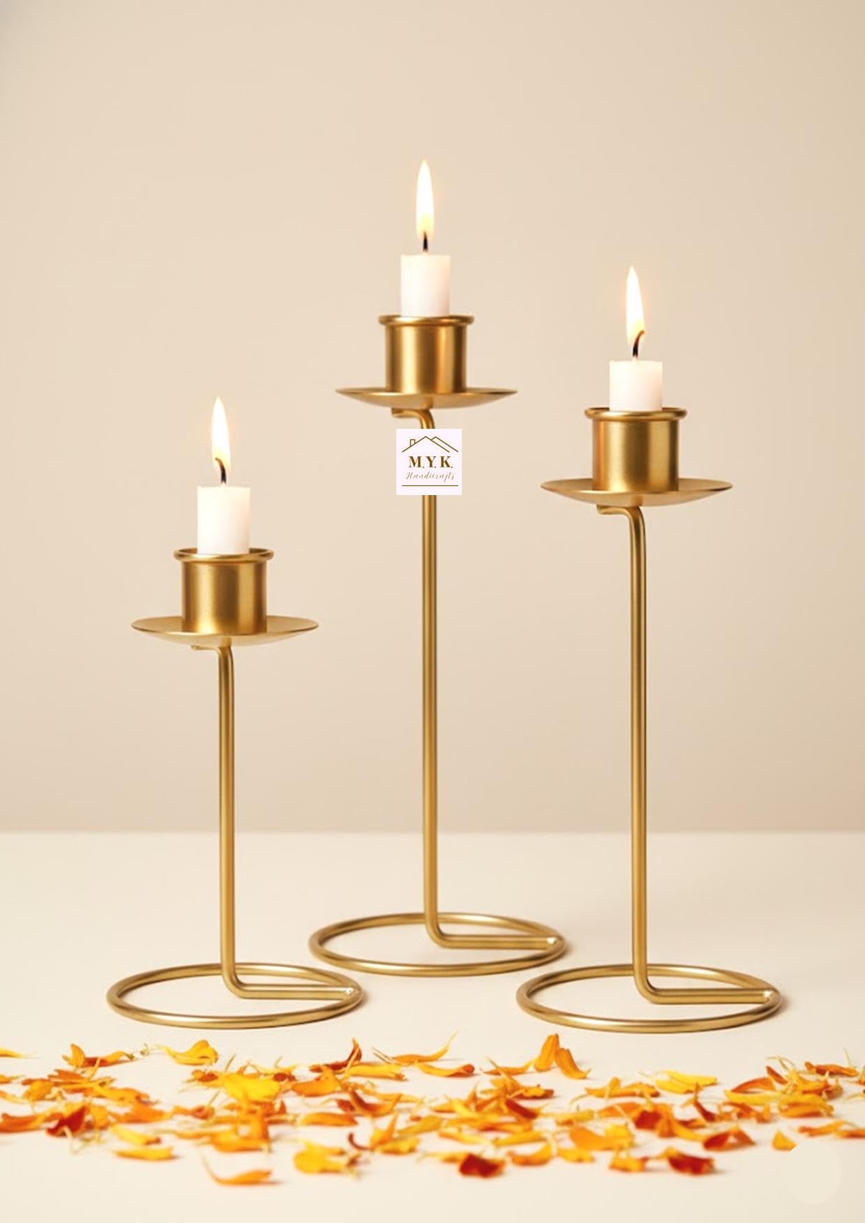 Candle Stand - Candle Holder - (Set of 3) 7 x 3.25 Inch Golden Candle Stick Holder with Plate to Collect Wax 3 Different Size for Home Decoration and Gifting.