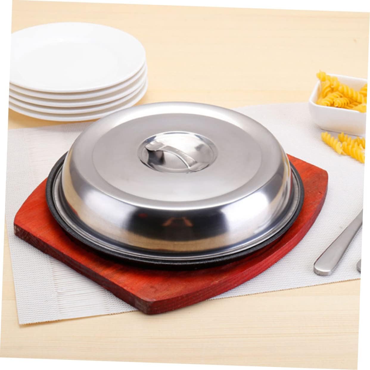 1Set Cast Iron Bbq Plate with Board Lid Grill Pan for Indoor Outdoor Cooking Catering Supplies for Steak Fajitas