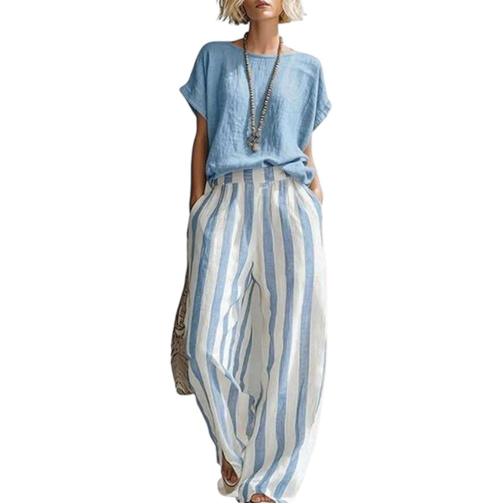 QingxingFa Striped Two Piece Sets for Women Casual Shirt and Classic Striped Wide Leg Pants Outfit Loose Summer Linen Look Matching Set (Light Blue,2XL)