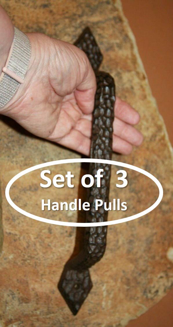 Southern Metal Large Cast Iron Pulls Handles Rustic Hammered Design, 12 1/4" Long, 9 7/8" Center - Set of 3 ~ HW-81
