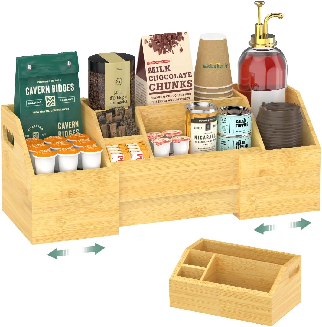 EsLuker.ly Coffee Station Organizer Countertop, Bamboo Extendable Coffee Bar Caddy Condiment Storage, Pods Holder for Home Office, Kitchen Area Nook for Accessories Organizer