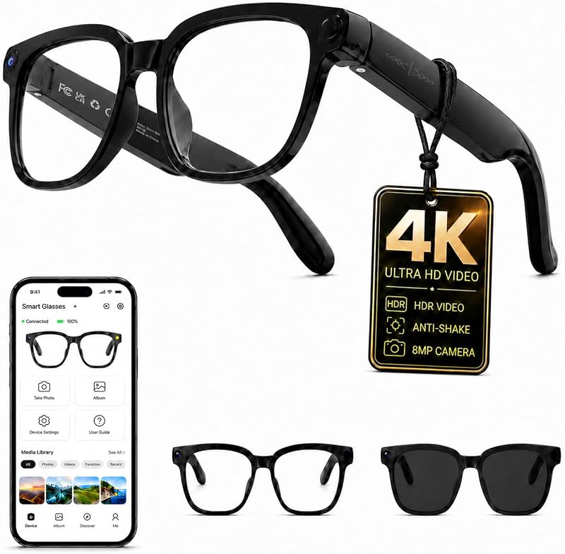 lentes inteligentes AI con cámara, captura de fotografías y vídeos 4K antivibración | Traducción en tiempo real, reconocimiento de objetos, asistente de IA, audio de oído abierto, lentes inteligentes con cámara y Bluetooth, negro