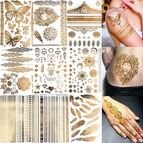 Bilizar 9 Sheets 110+ Designs Flash Gold Temporary Tattoos Metallic For Women Adults, Girl Golden Lion Festival Sun Moon Star Butterfly Glitter Tattoo Sticker, Fake Tattoos That Look Real and Last Long