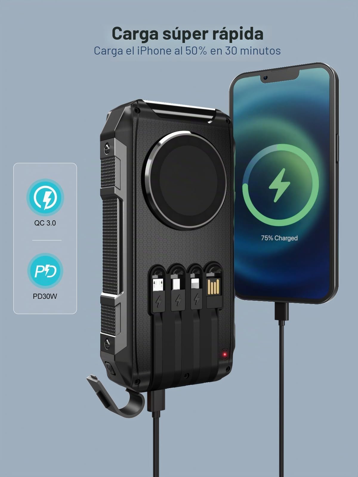 Banco de energía solar de 26800 mAh con 4 cables, magnético inalámbrico, carga rápida, 30 W, USB C, cargador portátil de 7 salidas, batería externa con linterna para camping al aire libre teléfono