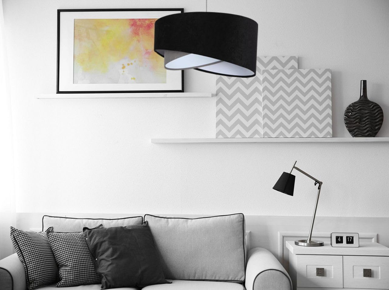 Licht-Erlebnisse Pendelleuchte rund Ø 50 cm Schwarz Grau Stoff Velours Optik E27 Doppelschirm Modern Hängelampe Wohnzimmer Hängeleuchte Esszimmer