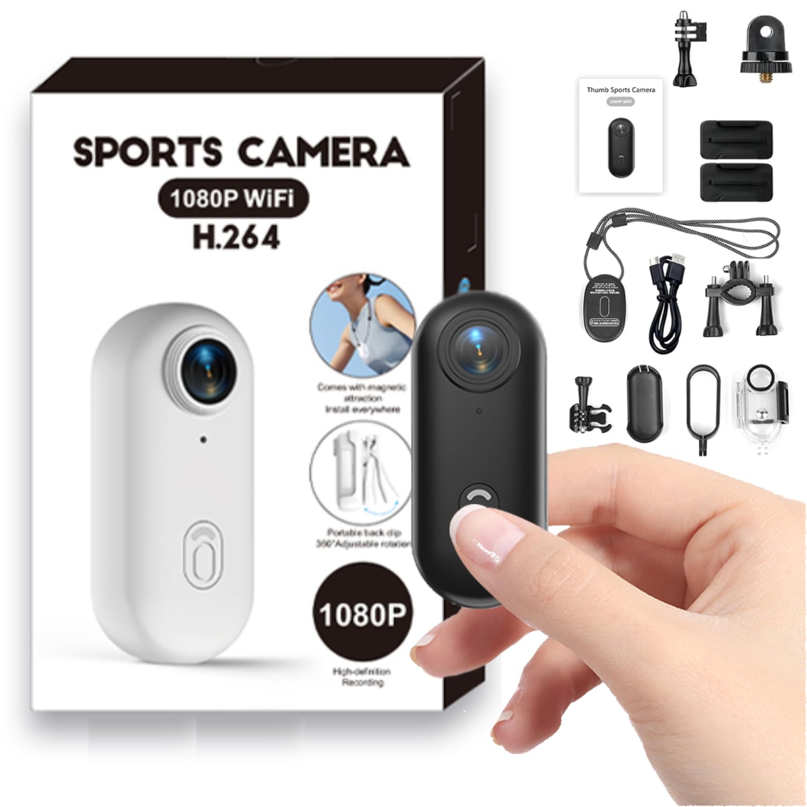 Winnes Mini Camera Sport 1080P WiFi Caméra Vlog Objectif Grand Angle de 120°,Thumb Camera Action IP68 Étanche à 30M,Batterie 800 mAh Convient pour Vélo,Ski,Plongée,Animaux