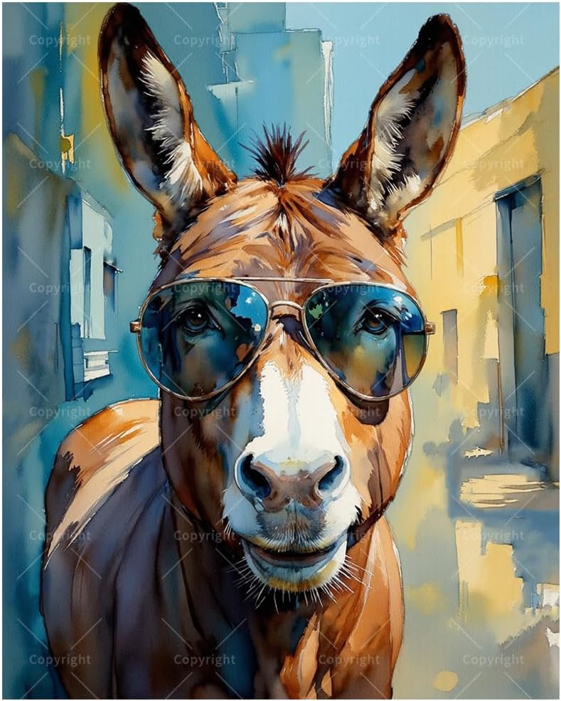 Funny Donkey Paint by Numbers Kit for Adults - DIY Cool Donkey with Sunglasses Painting on Canvas 16x20In, Acrylic Paint Set, Suitable for Beginners, Art for Home Decoration or Gifts