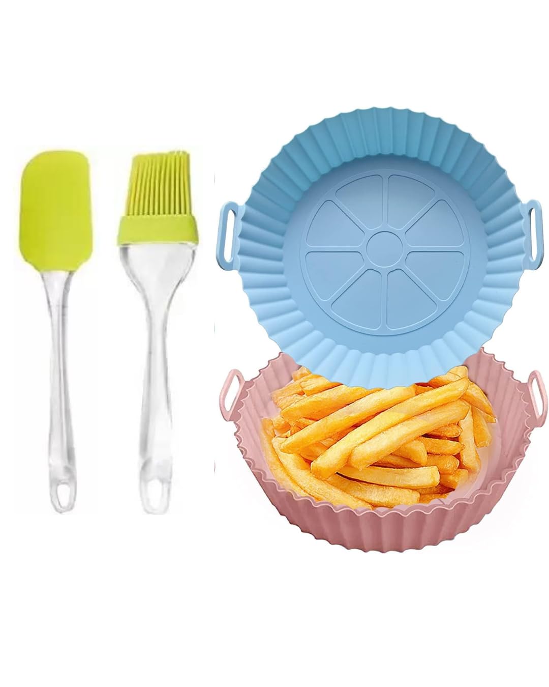 Nonstick Round Silicone Air Fryer Basket with Ear Handles | 8in Multicolor, Heat Resistant, Reusable Set of 2 with Oil Brush & Spatula-image-21