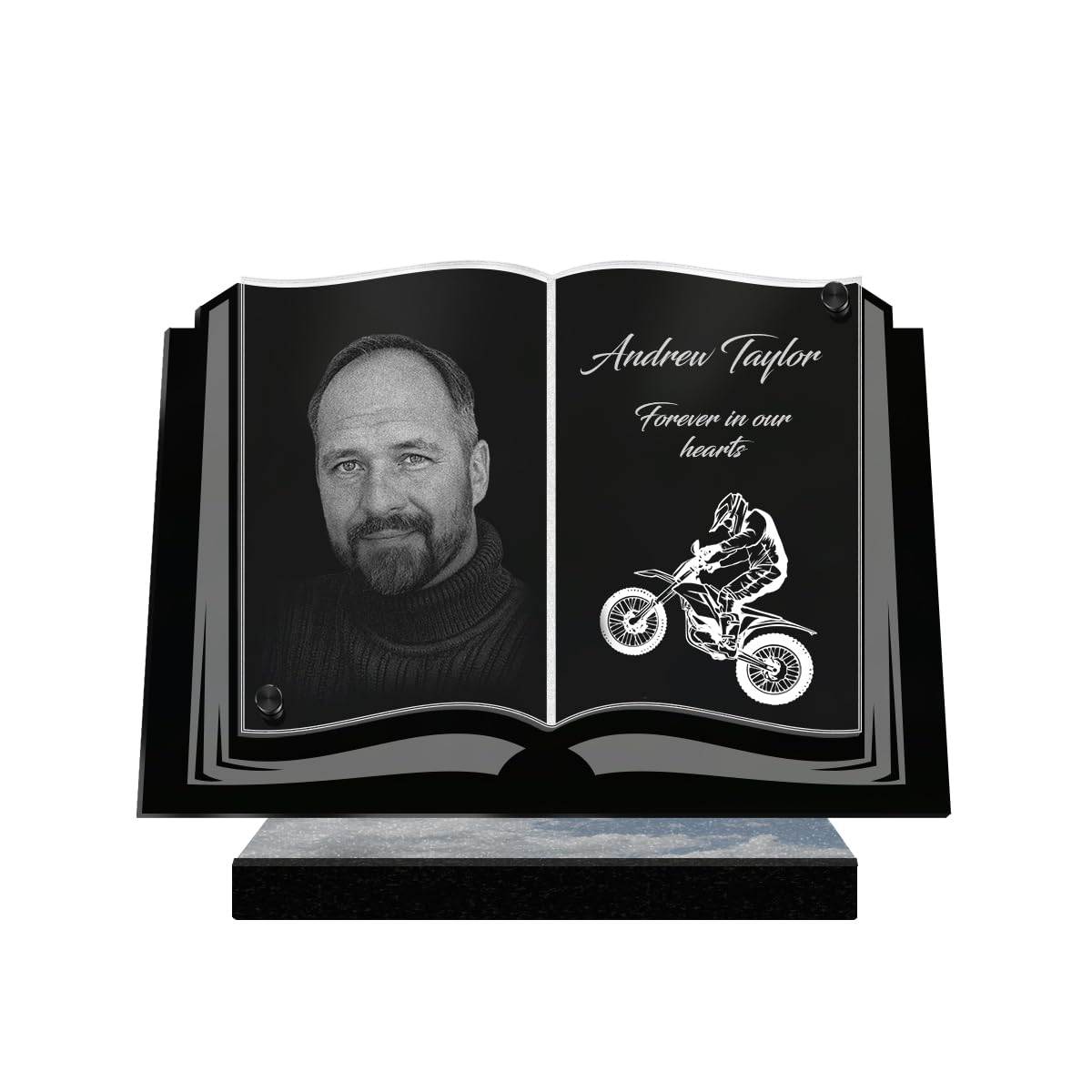 ETERNEL - Personalized Funeral Plaque Book Motocross Photo and Customizable Text, laser-engraved funeral plaque for tribute, cemetery plaque, tombstone, funeral, funerals