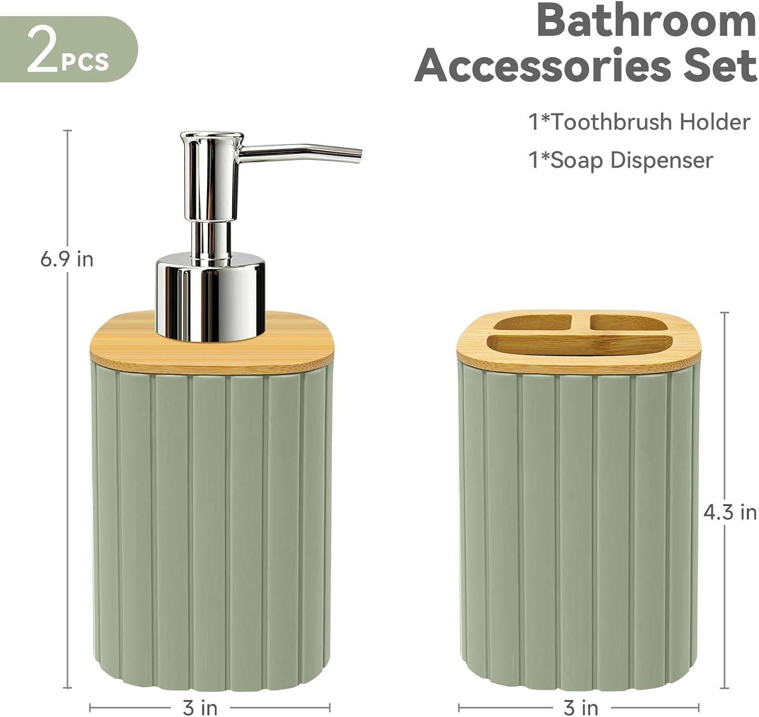 Plastic Bathroom Accessories Set, 2 PCS Bamboo Bathroom Sets Accessories, Soap Dispenser and Toothbrush Holder Set, Bathroom Set Striped(Sage Green)
