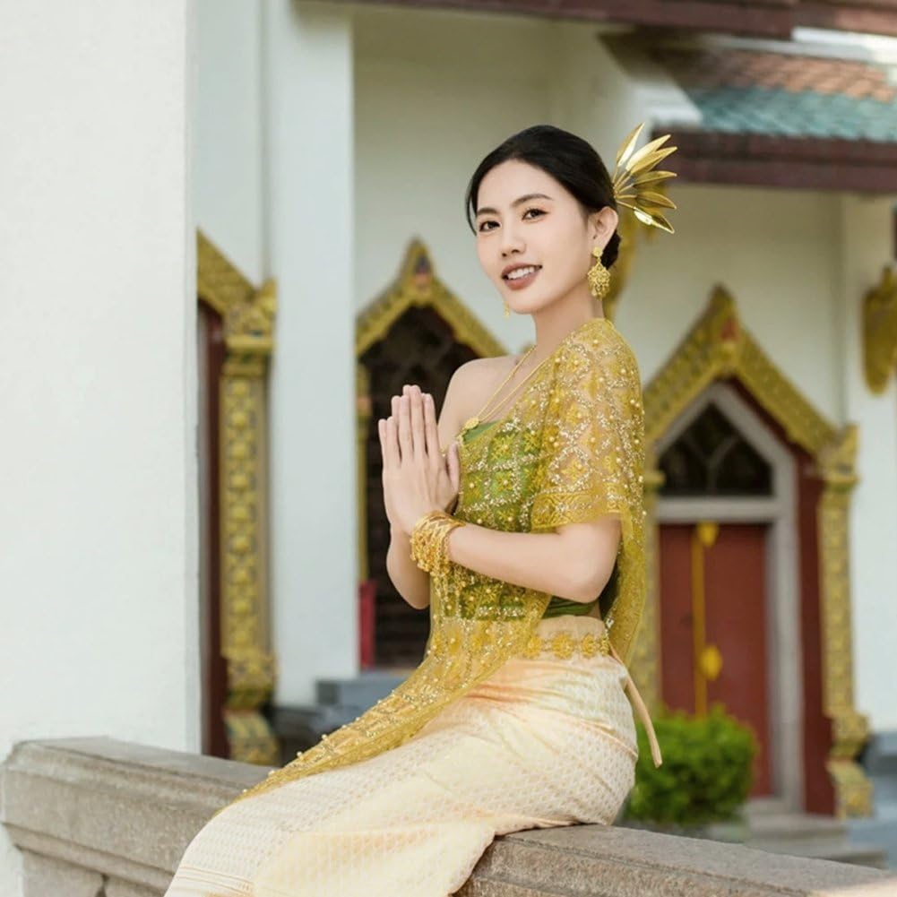 traditional thai dress Set Thailand Traditional Clothing Elegant Ethnic Costume Thai Style National Dress with Sabai Shawl for Women Clothing, Shoes & Accessories Thai wedding dress Florboom Women's Boho Lace Color:Dark Green - short sleeves They are exclusively handmade Cream mini dress outfit
