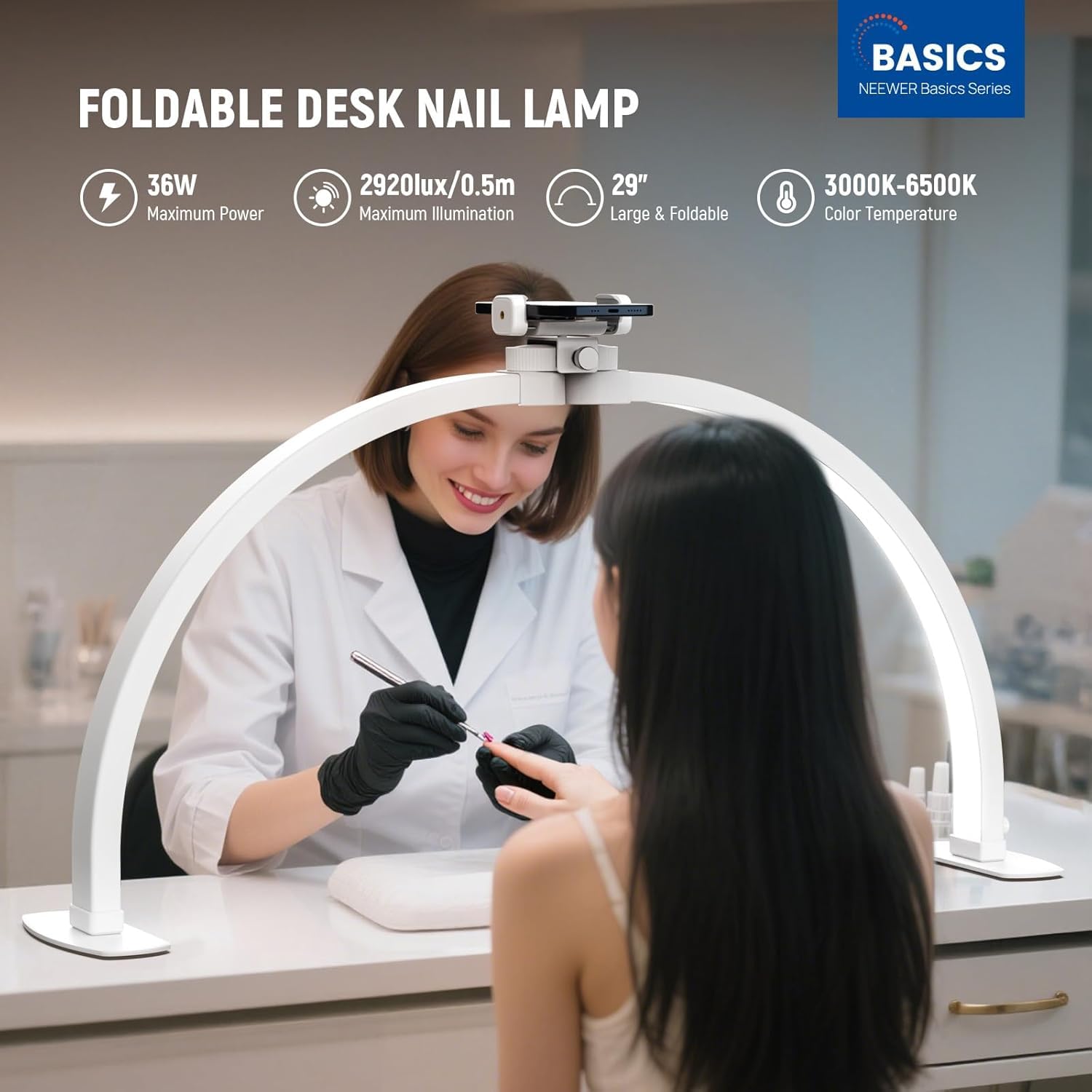 NEEWER Basics HM02-D lampa do paznokci z półksiężycem na stół, 36 W, składana lampa do studia paznokci, lampa LED, do manicure, półpierścieniowego światła z uchwytem na telefon komórkowy, do makijażu
