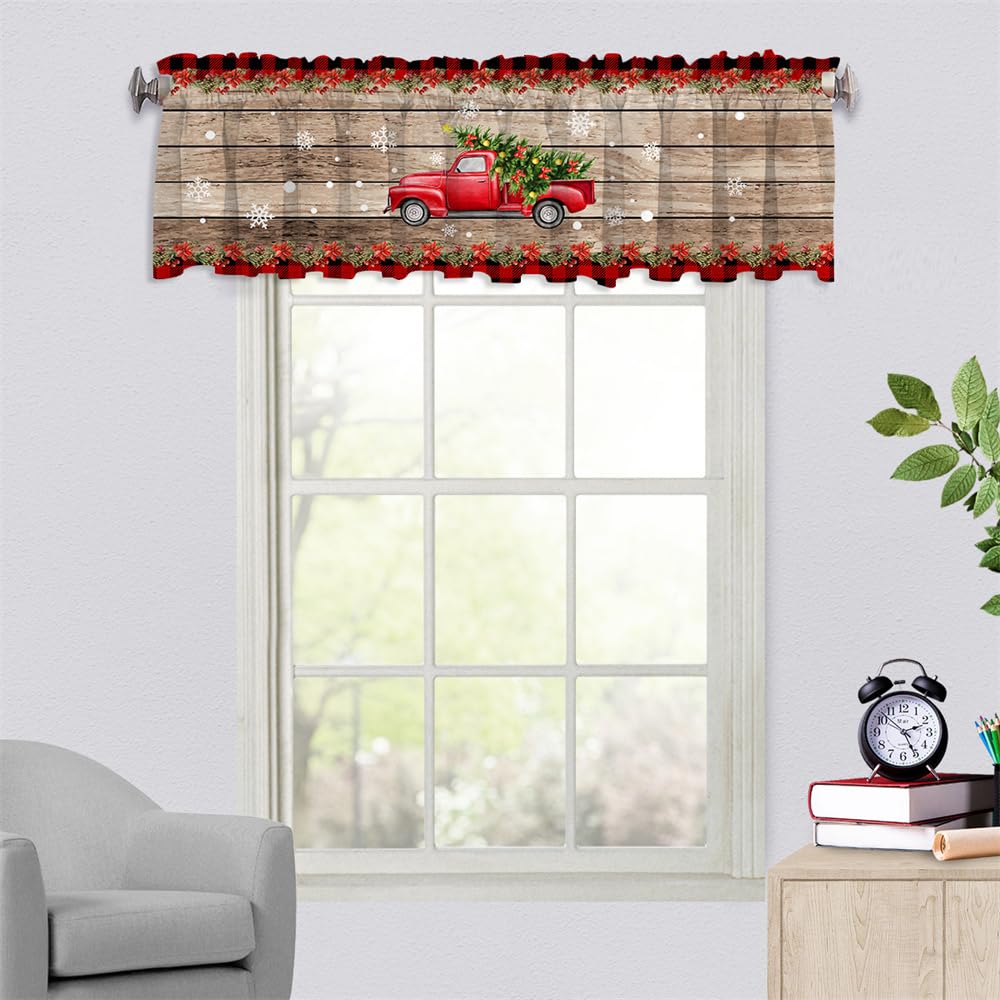 Surwin Cortinas Cortas Ventanas Cocina Cortina de Bistró de Navidad Roja Puerta Cocina para Ventana, Comedor, Cafetería, Balcón, Dormitorio,Decoración del Hogar (137x45cm,Fiesta arbol de Navidad)