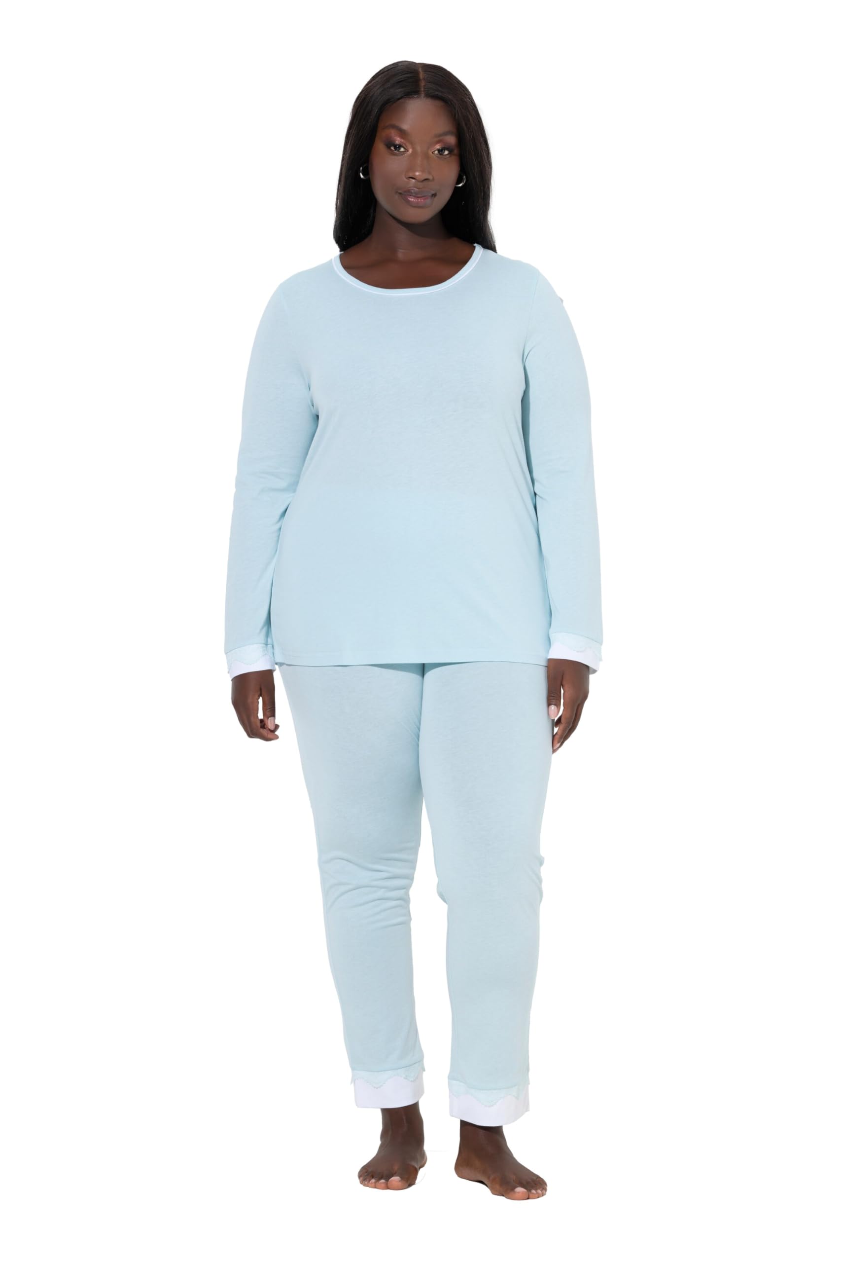 Ulla Popken Damen große Größen Übergrößen Plus Size Pyjama, Zweiteiler, Spitze, Rundhals, Langarm 812441