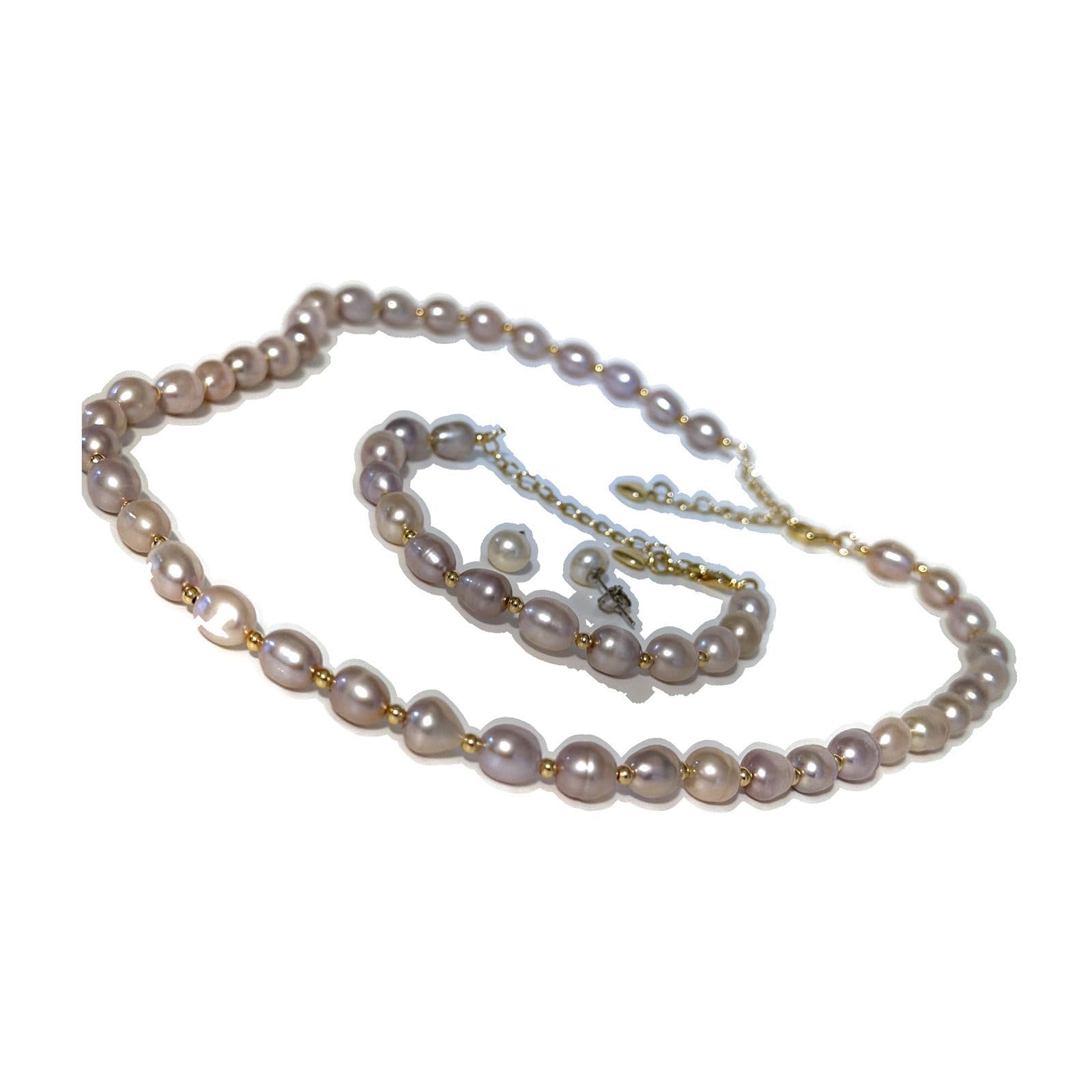 Parure di gioielli da donna con perle d'acqua dolce – collana di perle di riso naturali lavanda da 6 – 7 mm, bracciale e orecchini – accenti dorati