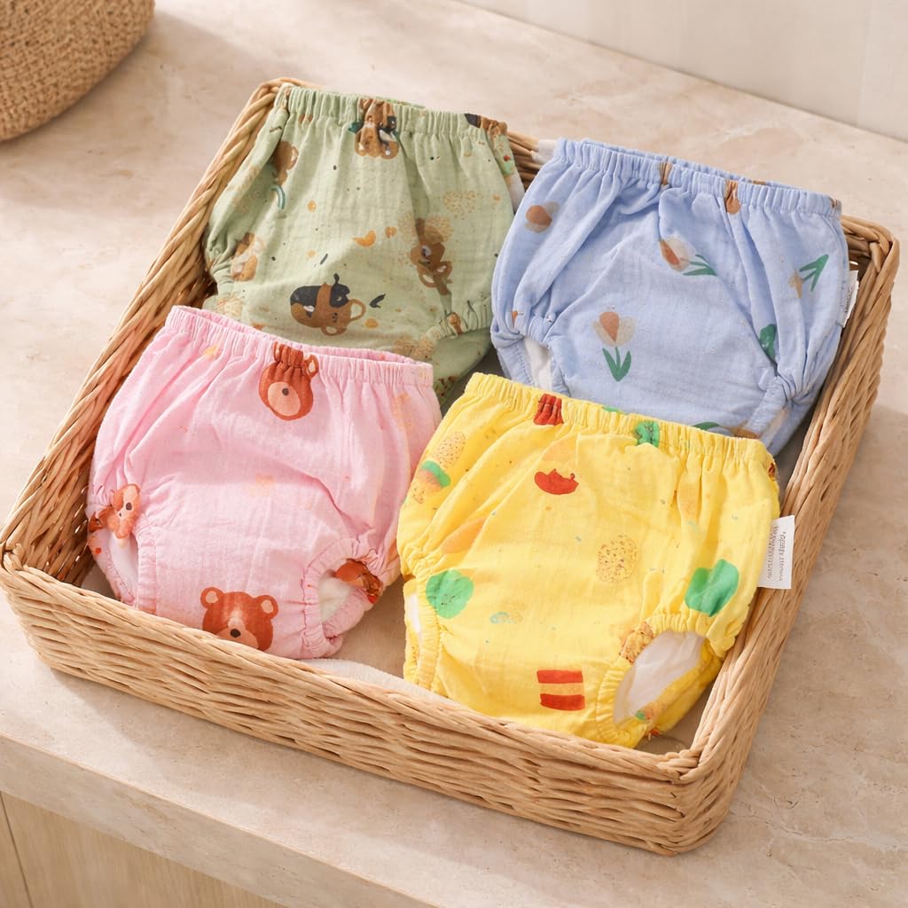 La Vie BabyCare Muslin Cotton Potty Training Pants for Babies | Soft Muslin Fabric, Washable & Reusable | High Absorbency Leak Protection | Comfortable Baby Underwear (0-6 Months, Pack of 4)-image-17