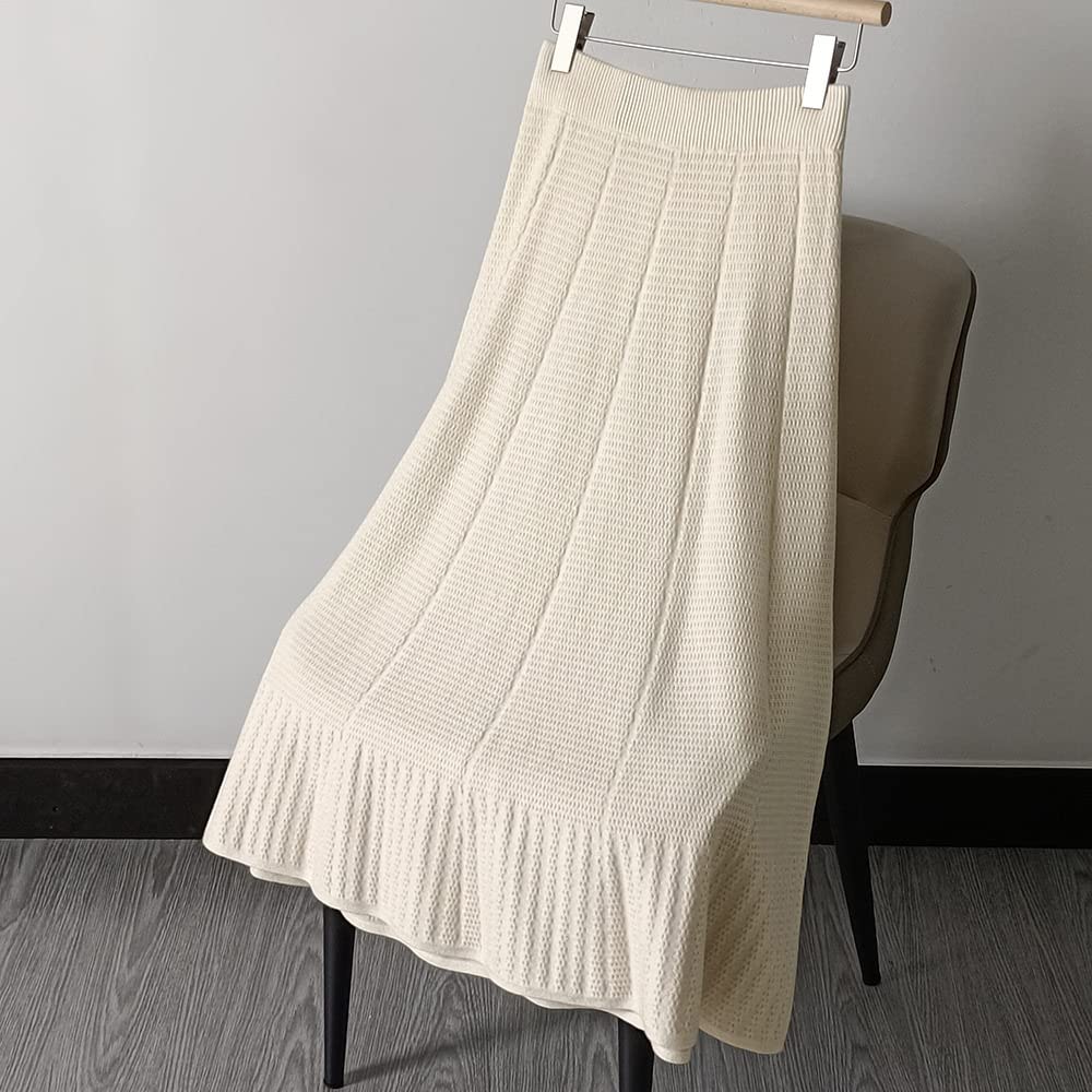 Damen Strickrock,Damen Midi Rock Beige Elastisch High Taille Gestrickt Jacquard Faltenrock Vintage A-Line Schaukel Ruched Elegant Herbst Winter Lange Röcke Für Mädchen Damen