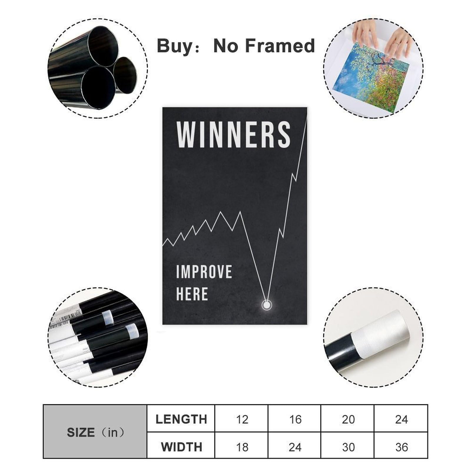 ELKPDOE Póster de lienzo con citas motivacionales de Winners Improve Here, decoración de dormitorio, paisaje deportivo, oficina, habitación, regalo, impresión sin marco, 61 cm de largo x 91 cm de