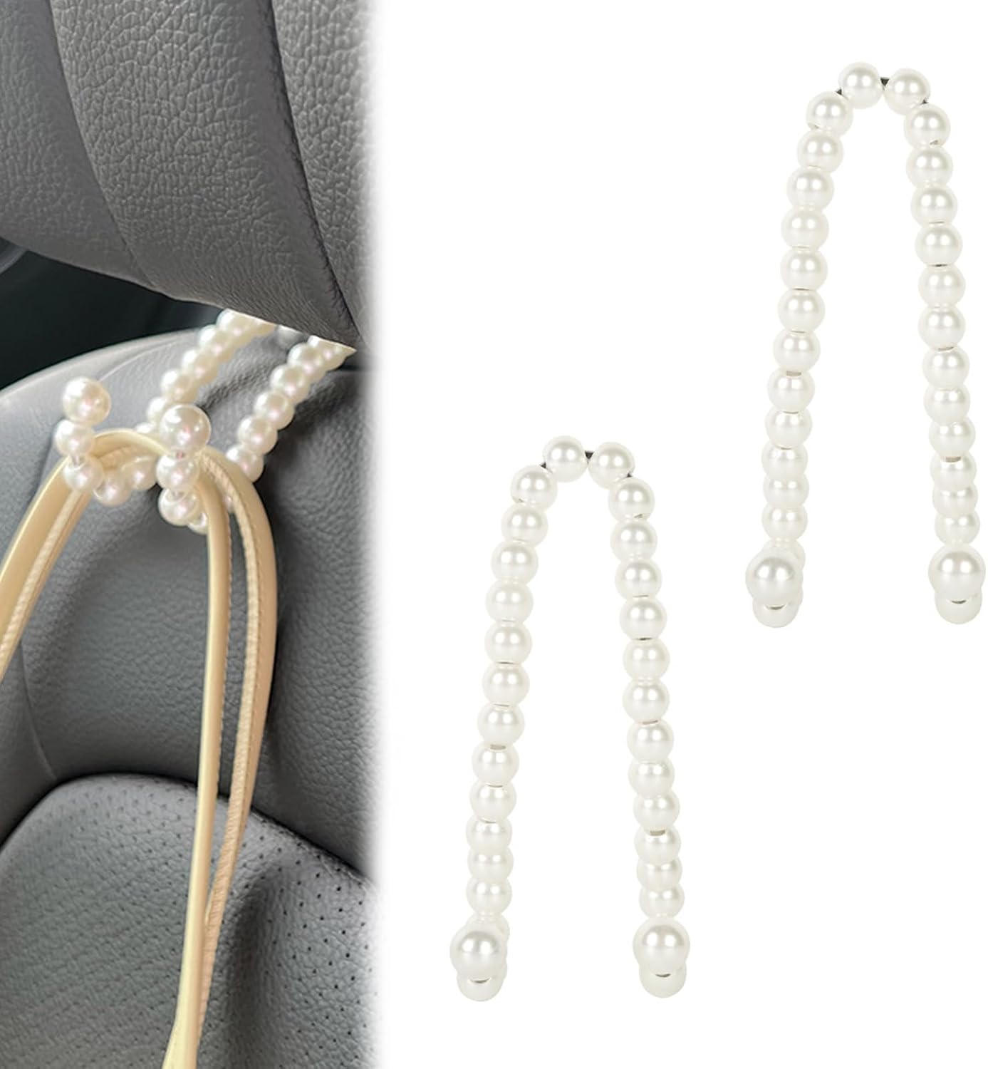2PCS Elegant Pearl Car Seat Headrest Hook, Cute Seat Pearl Hanger Storage Organizer, Multifunctional Headrest Purse Hook Interior Decoration for Women Girls