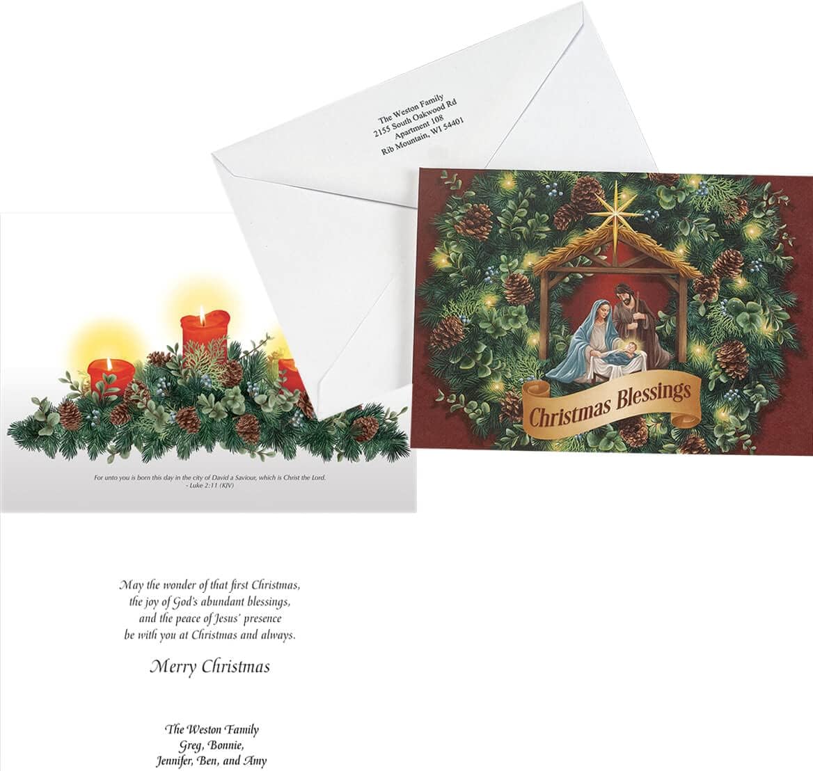 HOLIDAY PEAK Custom Nativity Wreath Christmas Card Set of 20, Card and Front of Envelope Personalization With Design