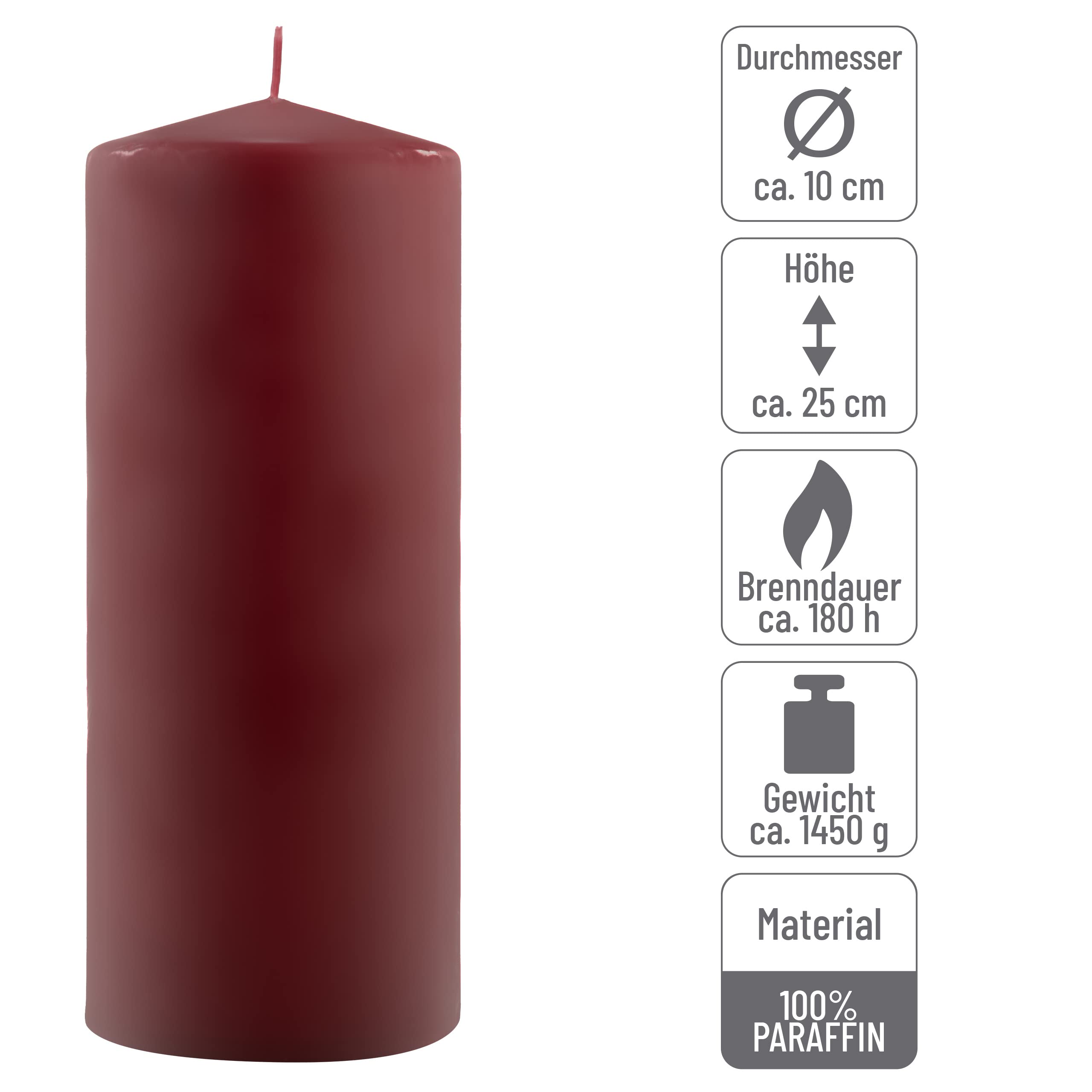 Stumpenkerze weinrot Höhe 25 cm Ø 10 cm lange Brenndauer Rund-Kerze Säulenkerzen Kerzen-Deko Tafelkerzen Weihnachts-Kerzen Hochzeit (6)
