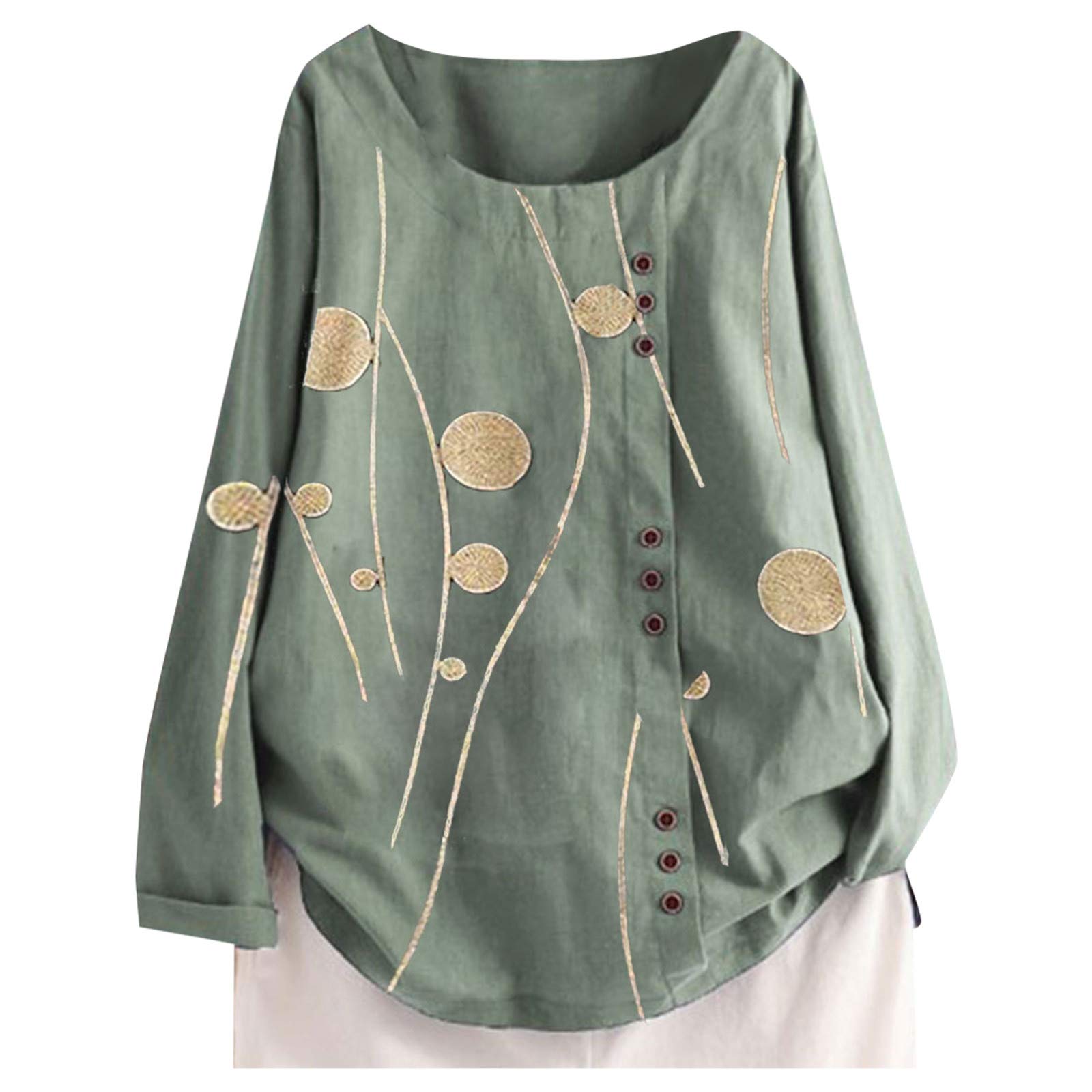 Linen Comfy Business Cool Long-Sleeved Blouses Lady Festival Asymetrical Shirts Printed Boat Neck Button-Down Trendy Top Womens