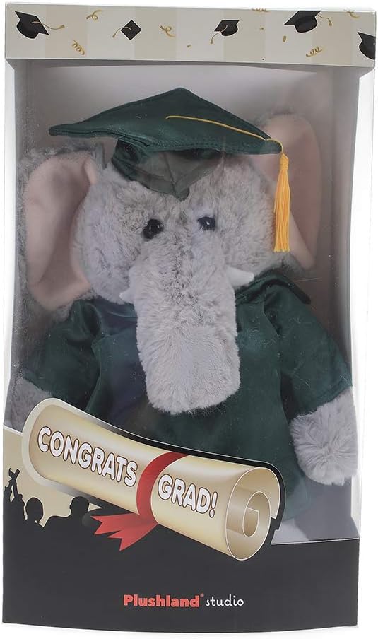 Plushland Elephant Plush Stuffed Animal Toys Present Gifts for Graduation Day, Personalized Text, Name or Your School Logo on Gown, Best for Any Grad School Kids 12 Inches(Black Cap and Gown)