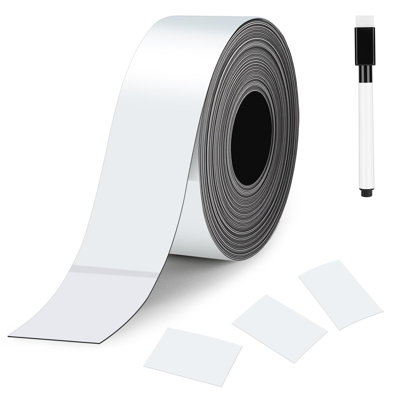 Alaoo Erase Magnetic Tape, 2.5CM*8M Cutable Reusable Magnetic Tags with Marker, Dry Erase Magnetic Label Strips for Whiteboard Refrigerator Shelving Classroom Blackboard, White