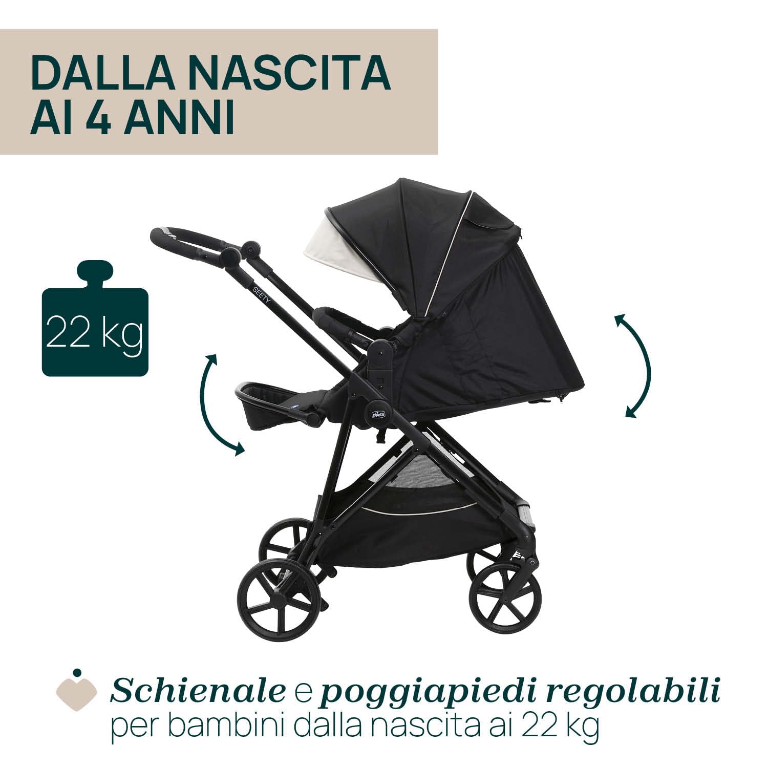 Chicco Trio Seety, Comprende Passeggino Seety con Telaio Ultraleggero, Navicella Ampia e Imbottita e Seggiolino Auto Kory Essential I-Size, Sistema Modulare Leggero e Compatto, 0 Mesi - 4 Anni