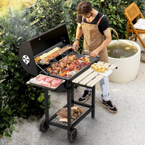 YITAHOME L Holzkohlegrill BBQ Smoker Grillwagen mit Höhenverstellbare Kohlenstoffpfanne & Thermometer, Standgrill für Party, Camping, Garten, inkl. Küchenzange