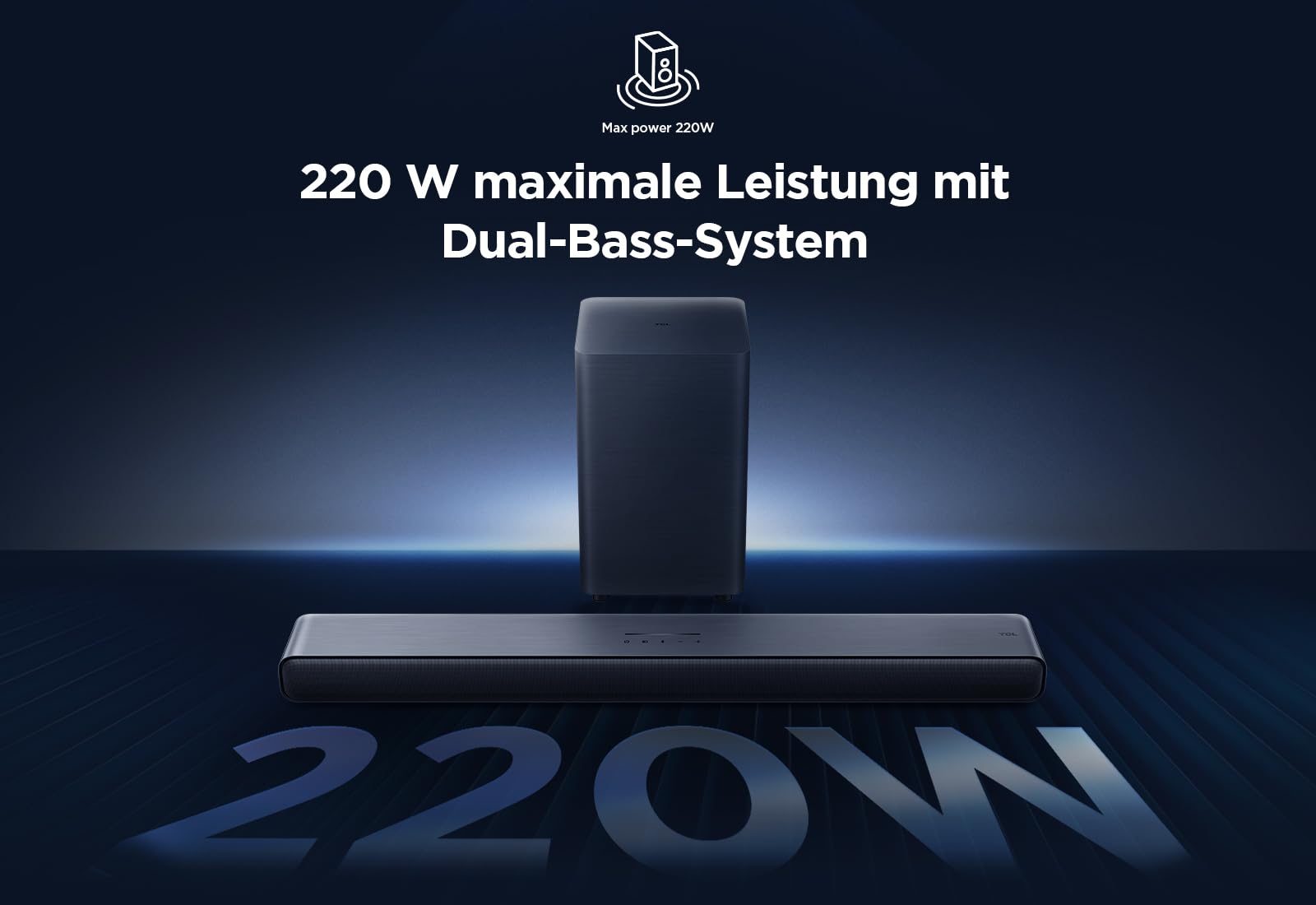 TCL S55HE Soundbar 2.1 Kanal mit kabellosem Subwoofer, 220W Heimkino-Lautsprecher, Dolby Atmos, DTS Virtual:X, Sound Expansion, Bluetooth 5.3, HDMI eARC, USB, Optisch, Wandmontage möglich