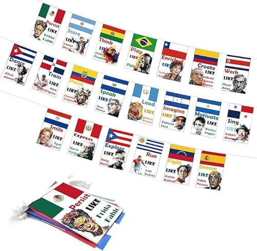Hispanic Heritage Month String Banner - 21 Spanish Speaking Countries Flags Bunting for Cultural Celebration Decorations
