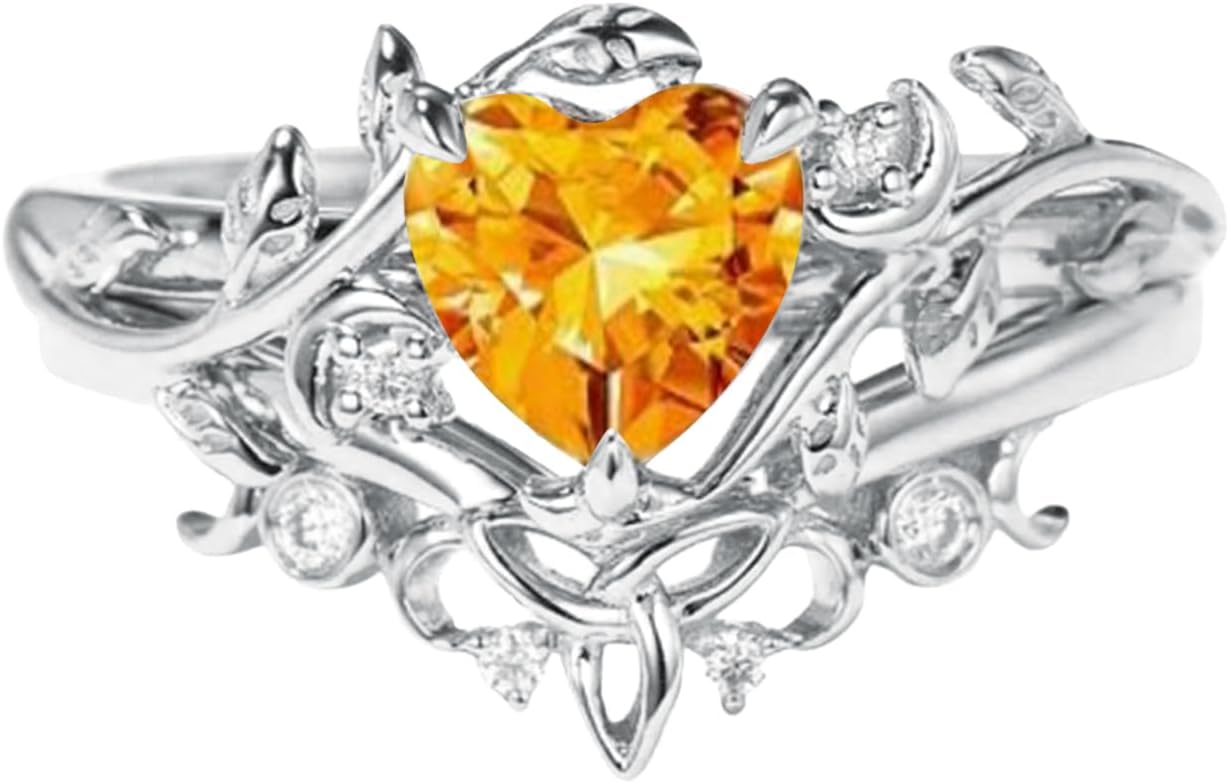 1 Carat Heart Shaped Gemstone Engagement Ring Set for Women, Solid 10K 14K 18K Gold Celtic Knot Band Vintage Moon Leaf Bridal Wedding Ring Sets Gift for Her Wife Mom Nana
