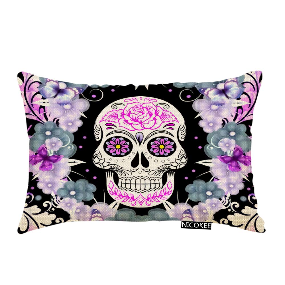 Nicokee Throw Pillow Cover Flower Sugar Skull Design Decorative Pillow Case Home Decor 20x12 Inches Pillowcase