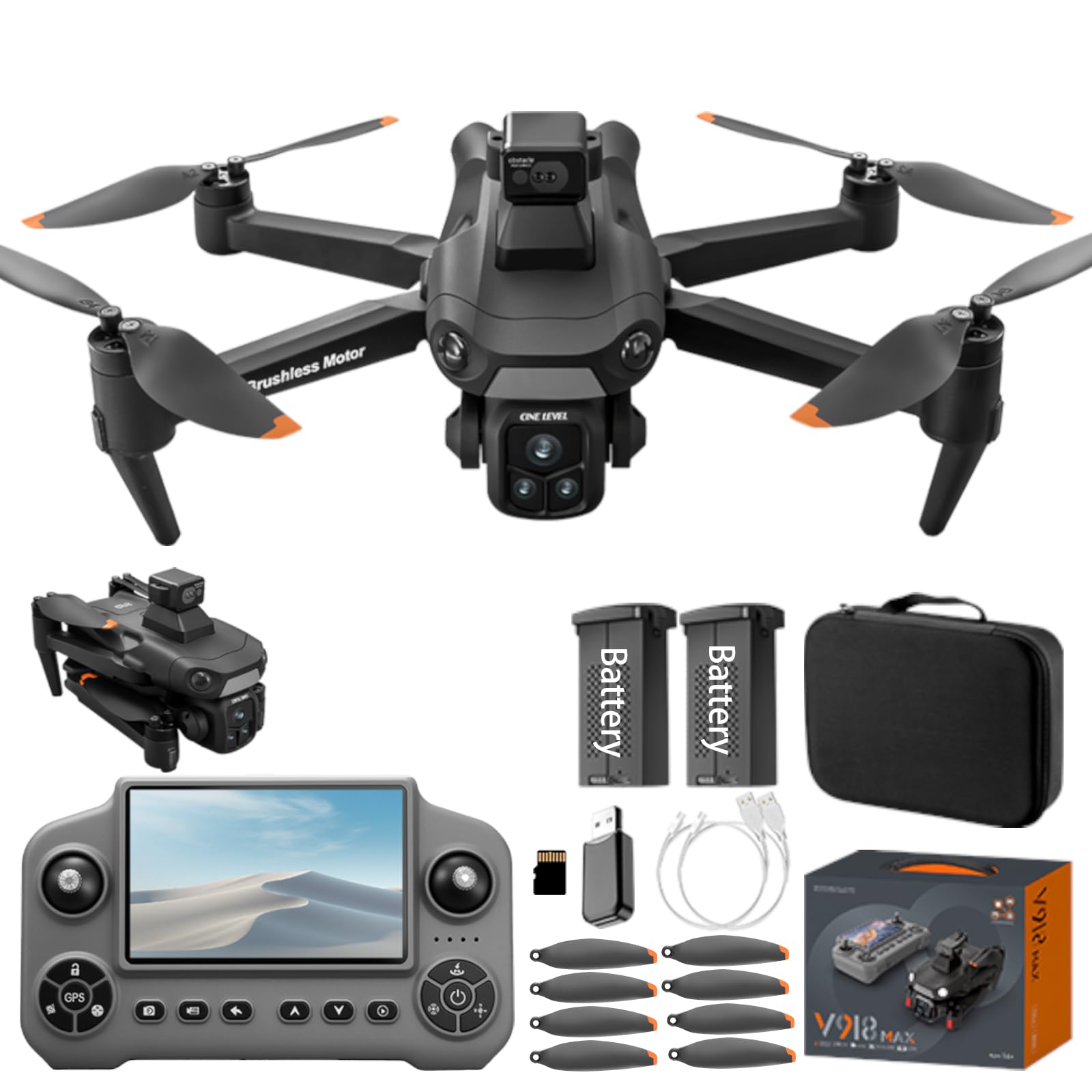 Drone GPS con fotocamera 2K HD, telecomando display 5,1", quadricottero FPV pieghevole per principianti, posizionamento ottico, ritorno con un tasto, evitazione ostacoli, 2 batterie, scheda SD
