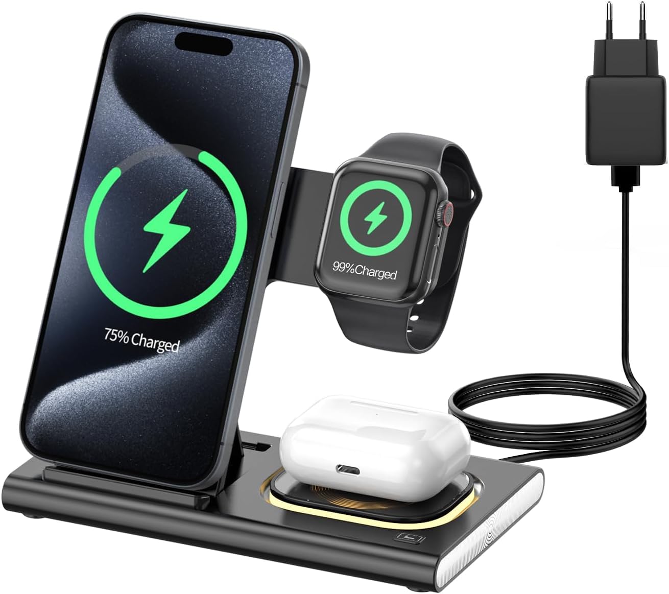 Aimtel 3 in 1 Stazione di Ricarica Wireless Pieghevole compatibile con Apple Watch 10/Ultra 2/9/8/7/SE/iPhone 16/16 Pro/16 Pro Max/16 Plus/15/14/13/12/Air Pods Pro/4/3/2 Luci Notte Caricatore Wireless