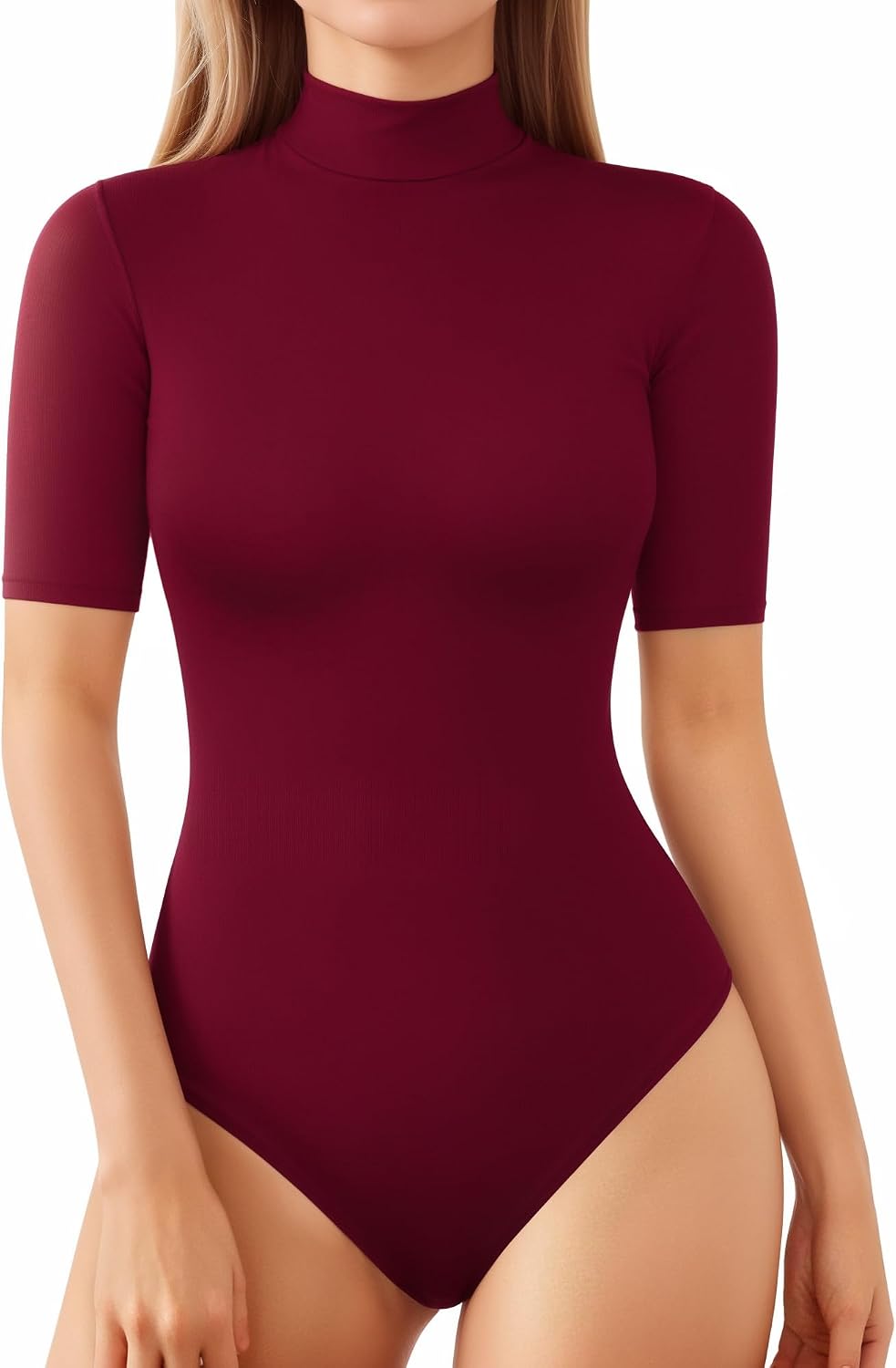 MANGOPOP Womens Mock Turtle Neck Bodysuits Half Elbow Short 3/4 Sleeve Bodysuit for Going Out, Red, Medium