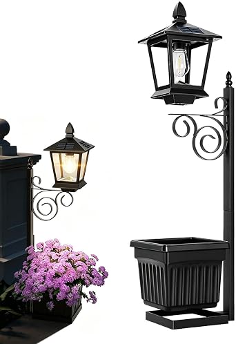 Solar Lamp Post with Flower Pot, Solar Light with Planter Box, 2 in 1 Waterproof Solar Outdoor Light, Wall Mounted or Freestanding for Lawn, Patio, Front/Back Door