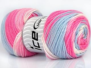 Baby Batik Yarn - Pink Blue White Self-Striping Acrylic, 393 Yards (360 Meters) 3.53 Ounces (100 Grams)